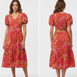 1.STATE Pink Orange Abstract Print Puff Sleeve Cutout Tiered Midi Dress - Size L
